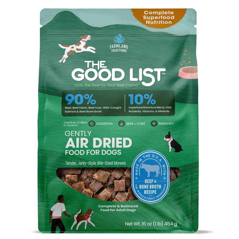 Farmland Traditions The Good List Air-Dried Dog Food, Premium Beef & Bone Broth for Dogs, Protein Rich & Grain-Free Nutrition, 1 Pound Bag