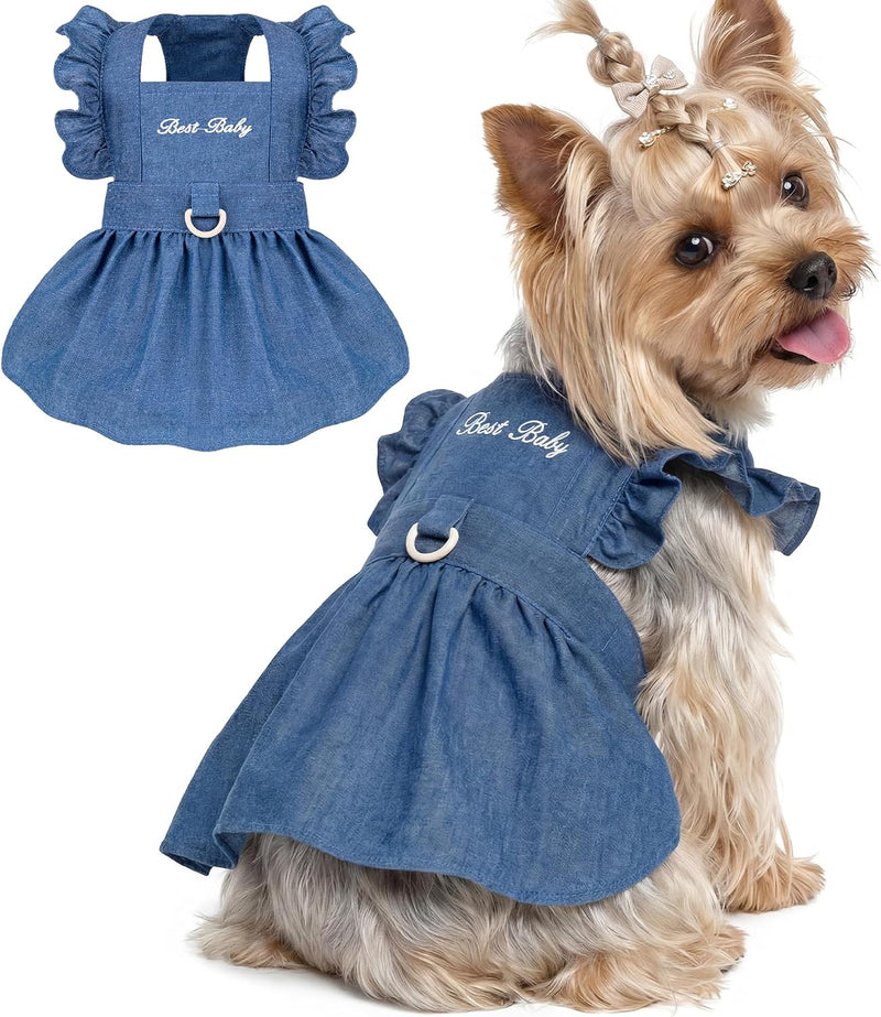 Denim Cat Dog Dress Clothes for Small Dogs with Leash Ring Summer Girl Small Dog Clothes Outfit Belly Velcro Fastening C