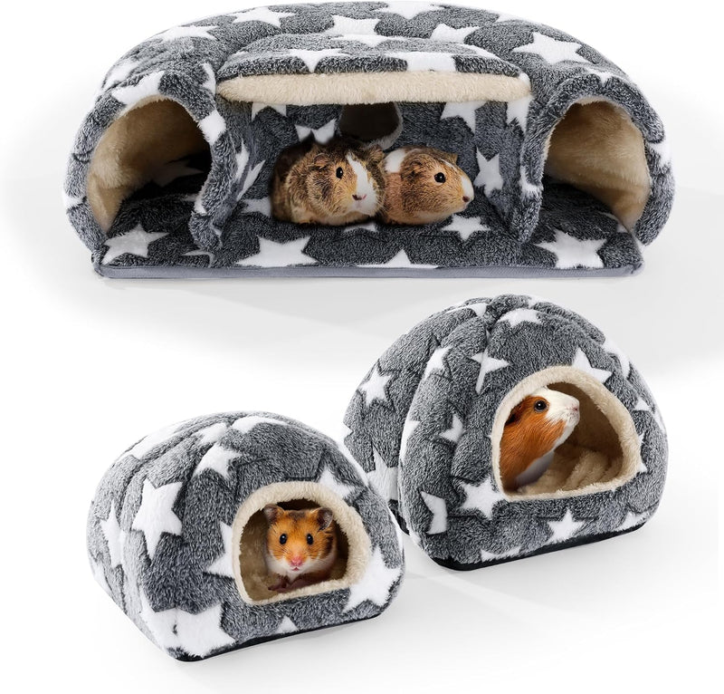 MABOZOO 3 Pack Guinea Pig House Accessories, 2 Cozy Guinea Pig Bed and Hideout Tunnel, Chinchillas Hideout for Hamster, 