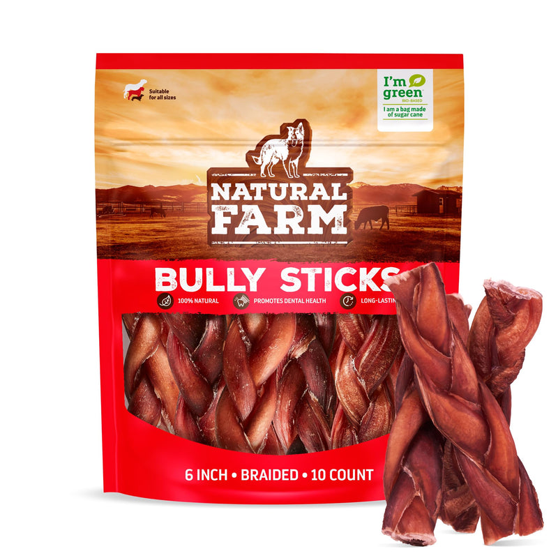 Natural Farm Odor-Free Braided Bully Sticks (6 Inch, 10 Pack) - 100% Grass-Fed Beef, Grain-Free, Low Fat & Fully Digestible Dental Treats - Safest Long Lasting Pizzle Chews to Keep Your Dog Busy