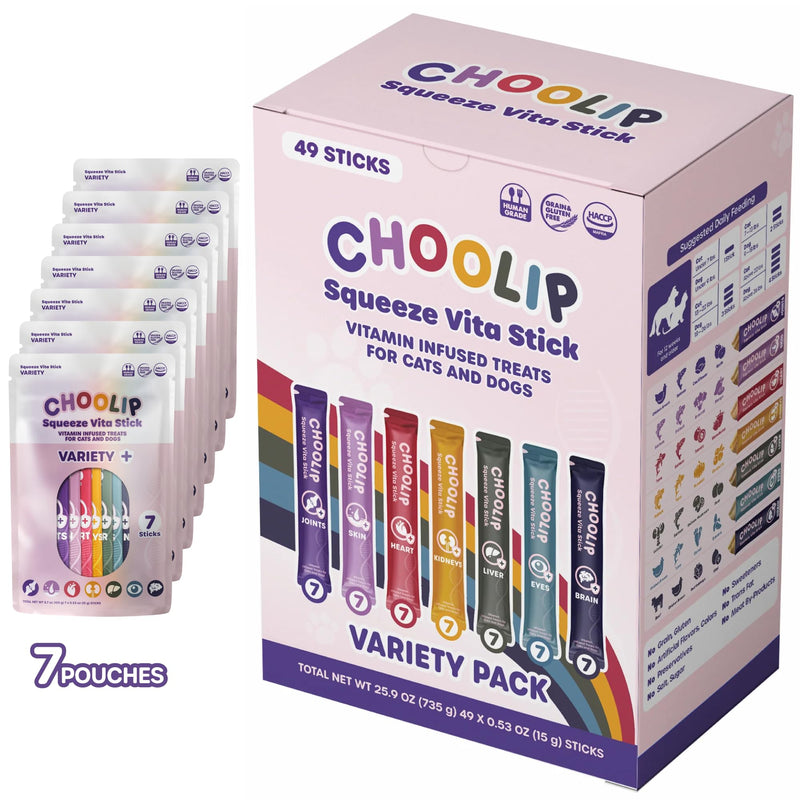 Choolip Squeeze Vita Stick Lickable Cat and Dog Treats – 49-Count Variety Pack with Multivitamins, Soft Squeezable Paste for All Life Stages, Supporting Overall Health - Box with 7 Pouches
