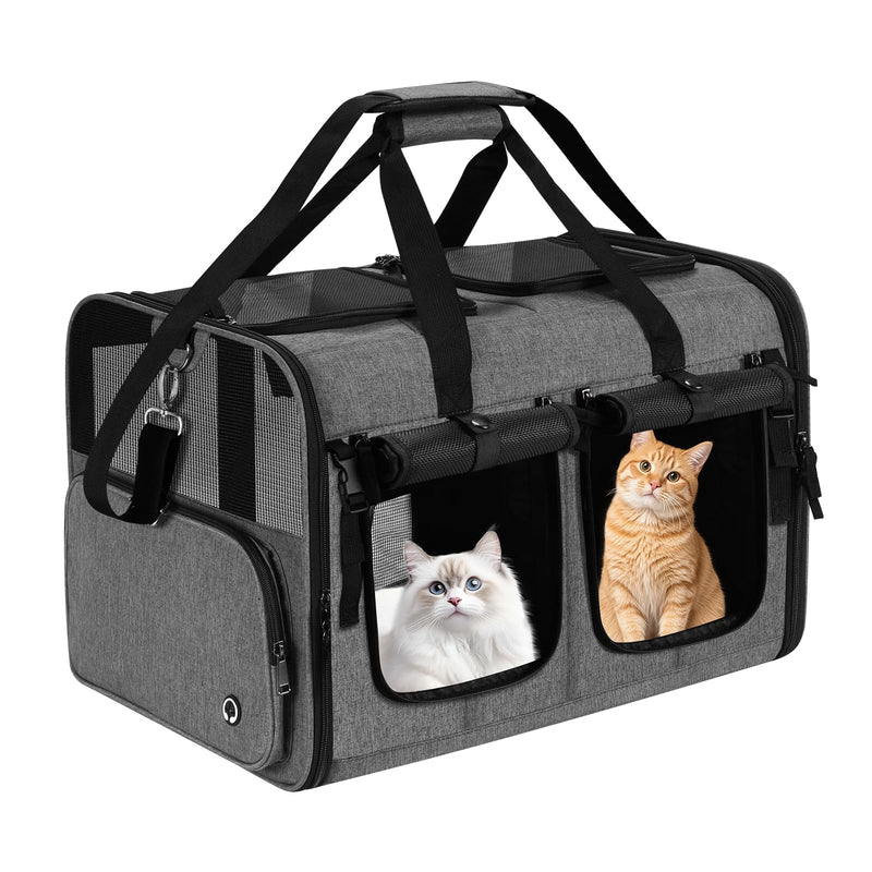 Groxkox Cat Carrier for 2 Cats, Foldable Double Cat and Dog Carrier, Small to Medium Size, 2 Front Zippered Compartments,Two Pets Carrier for Travel,Mulitple Cat Carrier (Dark Gray with Flat Pocket)