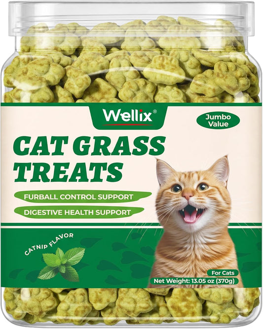 Wellix 13.05oz Cat Grass Treats with Catnip & Salmon - Healthy Cat Treats for Indoor Cats - Hairball Control & Digestive Support - Kittens Training Snacks for Teeth Cleaning