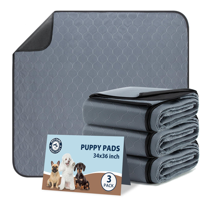 Washable Pee Pads for Dogs, 34x36 Reusable Puppy Pads with Fast Absorbent, Waterproof Reusable Pee Pads for Whelping, Traing, Incontinence and Potty, 3 Pack, Grey.
