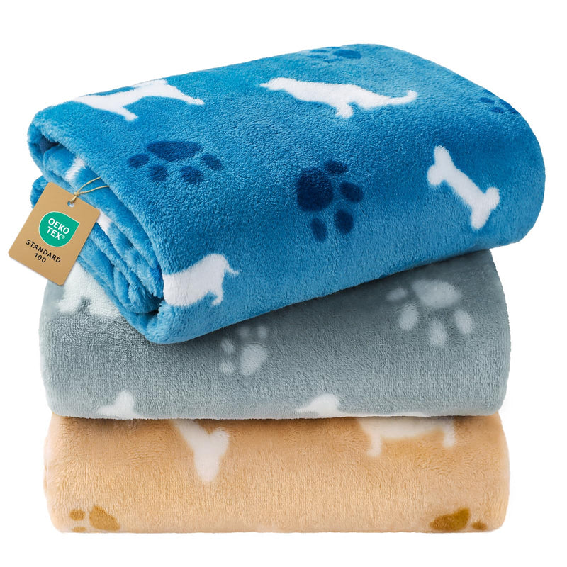Luciphia 1 Pack 3 Blankets, Cute Dog Printed Fluffy Fleece Pet Blanket for Dogs Cats Washable, Warm Soft Throw Cover for Crate Couch, Gifts Puppy Essentials, Blue/Grey/Khaki, Small (23x16 inch)