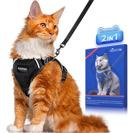 Halypet Cat Harness and Leash Set [ MAX Safety Third Generation ] Escape Proof Soft Adjustable Cat Leash Breathable Comfortable Vest Easy to Wear Kitten Harness for Outdoor Walking Black