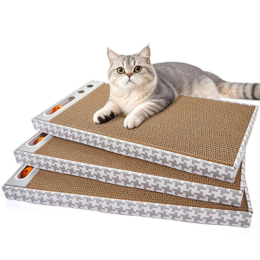 MARKARBARKA Cat Scratching Board 3 Pack – Reversible Cardboard Scratcher for Indoor Cats, Wide Boxed Scratch Pads with Bell Ball, Durable Corrugated scratchers as Furniture Protector