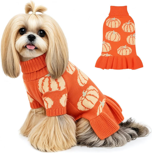 WOYYHO Small Dog Sweater Dress with Pumpkin Print, Halloween Dog Clothes