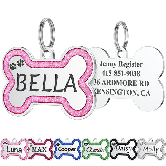 GISUREY Stainless Steel Pet ID Tags in Glitter, Durable Dog Tags Engraved for Pets, Deep Engraved Personalized Dog Tags with Lovely 36 Icons, up to 5 Lines Custom Text Dog Name Tag (Small, Pink)