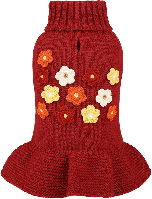 WOYYHO Small Dog Sweater Dress with Crochet Flower, Knitted Pet Clothes