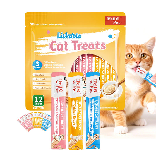 IFELLO Cat Treats, High-Meat High-Moisture Lickable Cat Treats, Variety Pack – Real Chicken & Seafood – Silky Creamy Purée – Grain-Free (15g Each | 12 Tubes)