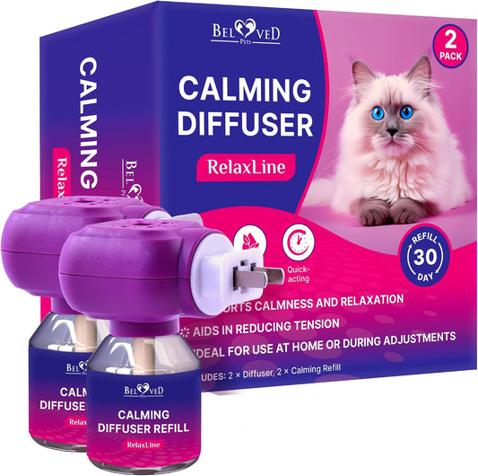 Beloved Pets Cat Calming Diffuser & Pet Anti Anxiety Products - Feline Calm Pheromones Plug in & Cats Stress Relief Comf