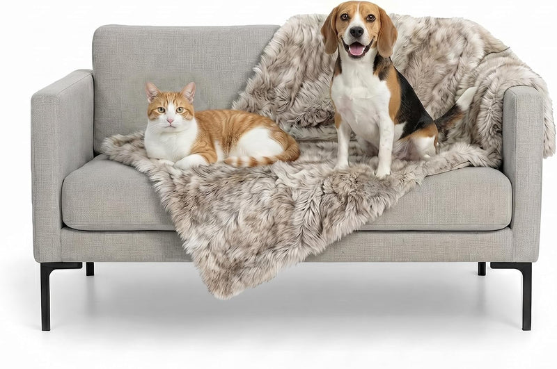 FurHaven Waterproof Throw Blanket for Dogs & Indoor Cats, Reversible Protective Pet Blanket, Medium, Long Faux Fur & Velvet, Driftwood