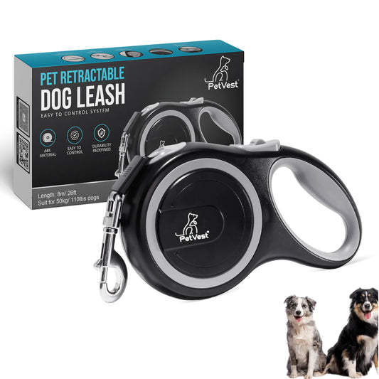 PetVest Retractable Dog Leash – Extendable up to 26 FT, Heavy Duty Nylon Tape, No-Tangle, One-Handed Brake & Lock, for Small to X-Large Dogs up to 110 lbs (Black)