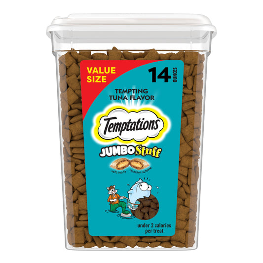 Temptations Jumbo Stuffed Cat Treats, Crunchy and Soft Cat Treats, Tempting Tuna Flavor, 14 oz. Tub