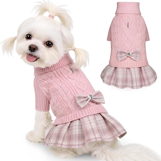 YUDODO Small Dog Sweater Dress with Bowtie Turtleneck Knitted Pet Clothes