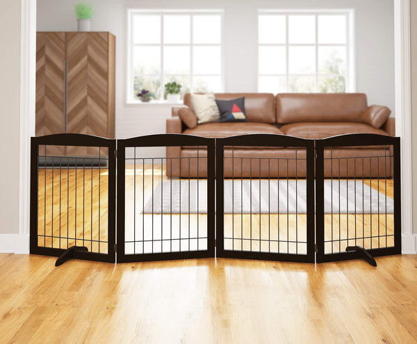 PAWLAND 96-inch Extra Wide Dog gate for The House, Doorway, Stairs, Freestanding Foldable Wire Pet Gate, Set of Support Feet Included (Espresso, 30