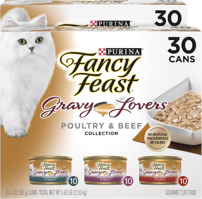Fancy Feast Purina Gravy Lovers Poultry and Beef Grilled Gourmet Wet Cat Food Variety Pack - 3 oz. Cans,(Pack of 60)