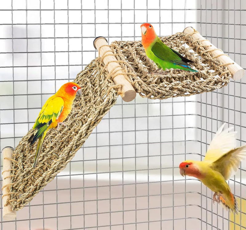 FlidRunest Bird Perch Platform with Climbing Ladder, Parrot Chewable Natural Seagrass Woven Hammock, Parakeet Cage Acces