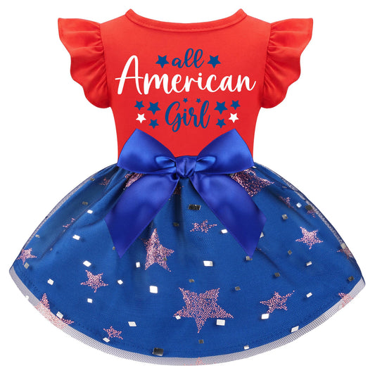 Dog 4th of July Outfit Adorable Ruffle Dog Dress with Elegant Bowknot Tulle Patriotic Puppy Clothes for Small Medium Dogs Cats Boys Girls Pets