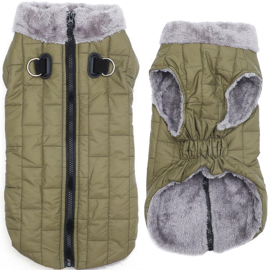 JoyDaog Warm Fleece Dog Coats with Durable Harness Buitl in D-Ring,Waterproof Puppy Jacket for Small Dogs,Dog Vest for Cold Winter,Green M