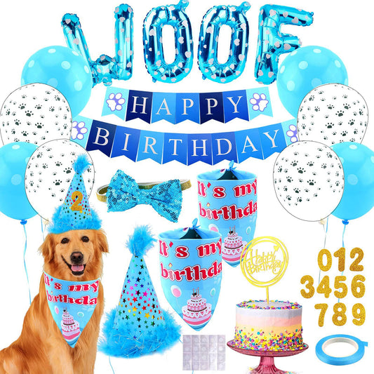 Dog Birthday Party Supplies, Adjustable Dog Bandana Set with Hat, Banner, Balloons and Bow Tie for Party Decorations Festive Accessories Party Photos & Celebrations- Large Medium Small Pet Puppy Dogs