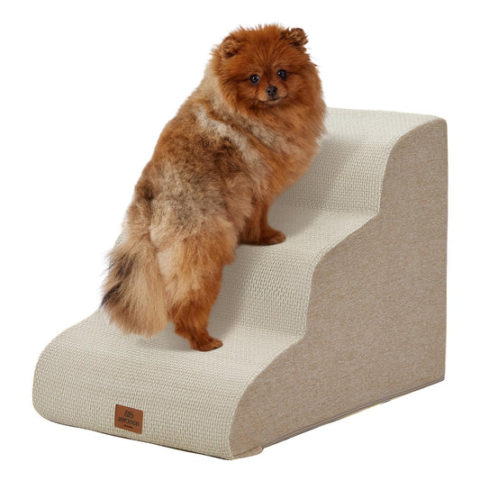 Joydeco Dog Stairs for Bed 17.1" H, 3-Step Pet Steps for Small Dogs and Cats, Dog Steps for High Bed, Non-Slip Balanced Ramp Indoor Pet Stairs, Beige