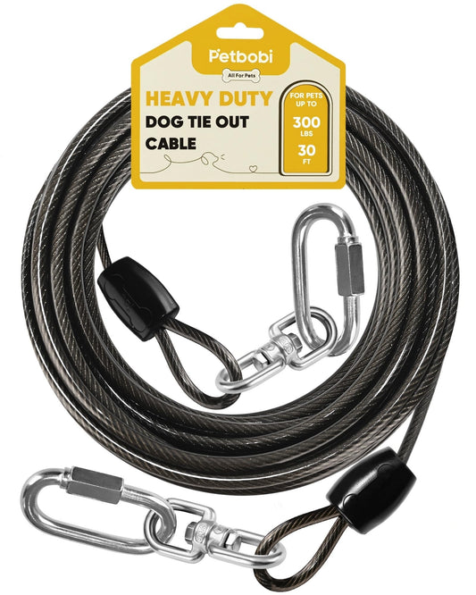 Petbobi Heavy-Duty Dog Tie-Out Cable - 30FT Extra Strong Wire Cable for Large Pets Up to 300Lbs, Rust Proof Dogs Leash with Carabiners and 360° Swivel, Pet Leads for Yard Camping Outside, Black