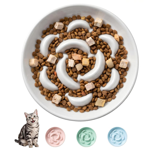 Ceramic Cat Slow Feeder Bowl - 6.3'' Wide Opening Whisker Friendly Cat Plate for Dry and Wet Food - Cute Maze Feeder Dish Helps Reduce Vomiting - Microwave and Dishwasher Safe - White