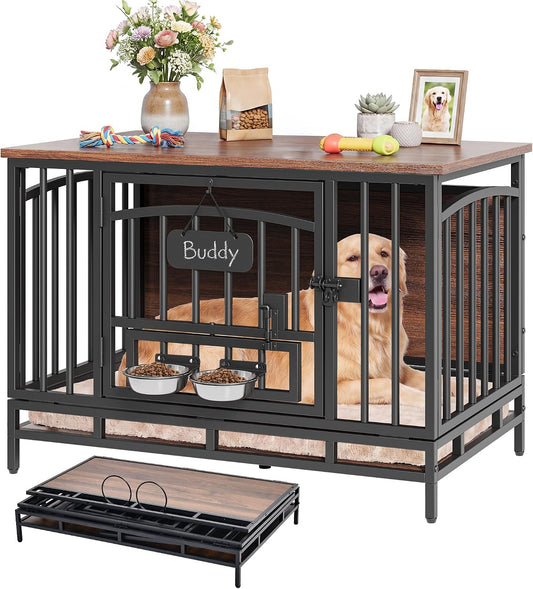 YITAHOME 41.3" Foldable Dog Crate Furniture with 360° Swivel Feeding Bowls