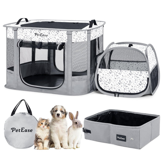 PETEASE Portable Cat Playpen with Litter Box, Cat Enclosure for Camping, Cat Recovery Playpen After Surgery, Foldable Indoor Outdoor Pet Tent for Cats Rabbits Puppies (Light Gray)