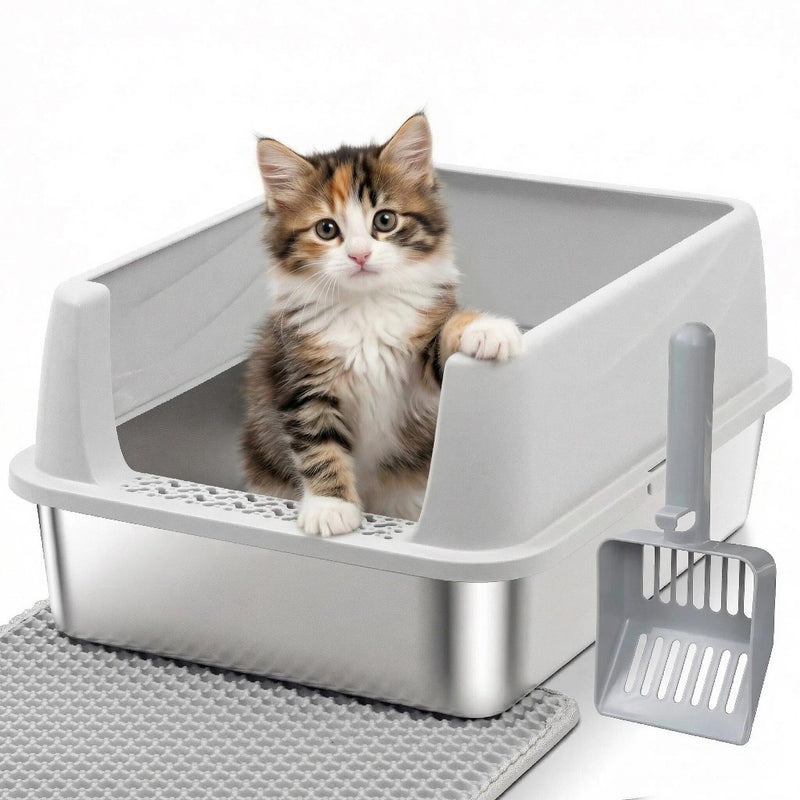 Stainless Steel Litter Box with High Sides, Small Metal Litter Box for Kittens & Small Cats, Low Entry Kitten Litter Boxes with Scoop and Mat, Non-Sticky, Anti-Urine Leakage, Easy Cleaning, Gray