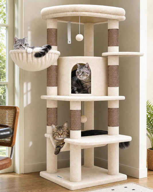 Globlazer Corner Cat Tree, 51in Curved Series Modern Cat Tower for Indoor Cats with Hammock, 7 Sisal Scratching Posts, Large Fan-Shaped Platform for Large Cats, Cat Condo & Hanging Basket, C51, Beige
