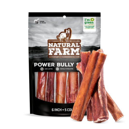 Natural Farm Power Bully Sticks Dog Chews (6”, 5-Pack), 2-in-1 Power Chews: Premium Beef Cheek Wrapped in Beef Pizzle, Long-Lasting, Great Dog Dental Treats Fro Small, Medium & Large Dogs