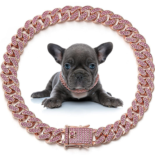 LEIFIDE Dog Chain Collar Diamond Link Puppy Collar 12 mm Wide Dog Necklace Metal Cat Chain Pet Crystal Necklace Jewelry Accessories for Small Medium Large Pet(12 Inch,Rose Gold, Pink)