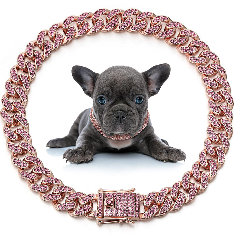 LEIFIDE Dog Chain Collar Diamond Link Puppy Collar 12 mm Wide Dog Necklace Metal Cat Chain Pet Crystal Necklace Jewelry Accessories for Small Medium Large Pet(12 Inch,Rose Gold, Pink)