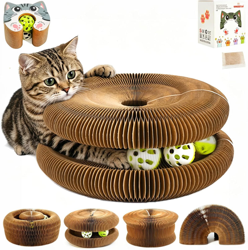 Kitty Kurls Magic Organ Cardboard Cat Scratcher Toy with 2 Balls, Brown