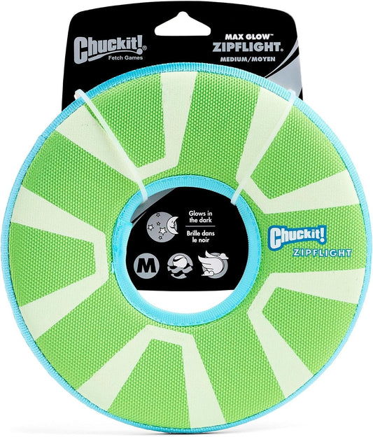 Chuckit! Max Glow Zipflight Flying Disc Dog Toy, Floats, Medium, 8.5in