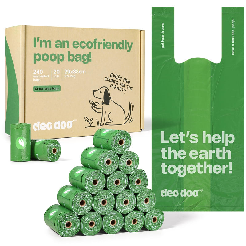 Deo Doo Dog Poop Bags with Handles, 240 Count Large Size, Extra Thick and Leak Proof Refill Rolls for Doggie Waste, Easy Tie and Cleanup, Unscented