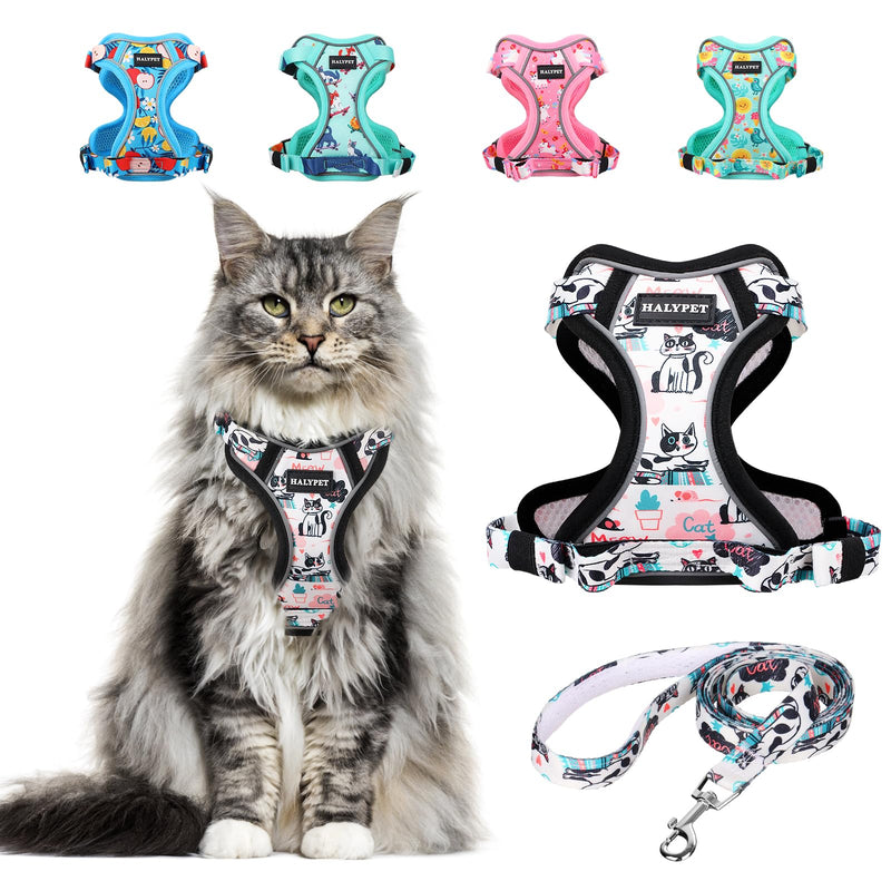Halypet Cat Harness and Leash Set[MAX Safety 4th-Gen] Cute Escape Proof Vest Harness for Girl&Boy Cat Walking, Comfortable Adjustable Leash and Reflective Strips for Outdoor Kitten, M Inky Meowy