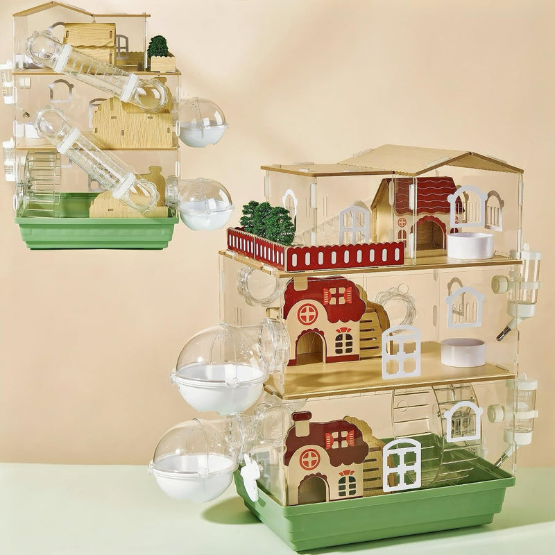 17 in 1 Clear Acrylic Hamster Cage with All Accessories,13.5''L* 10''W* 21''H Dwarf Hamster Cage,Magnetic Connection Sma