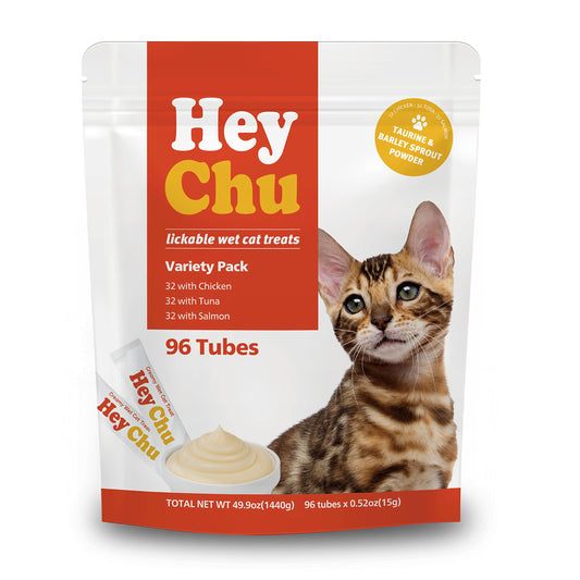 HEY CHU Lickable Cat Treats - Grain-Free Squeezable Wet Cat Food Topper for Kittens & Seniors, Variety Pack (Tuna, Salmon, Chicken), 96 Tubes Bulk