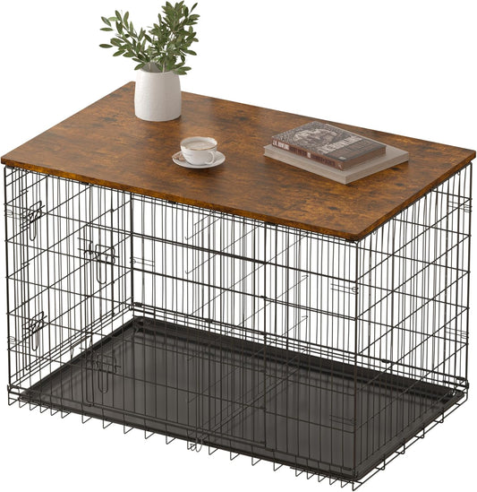 Piskyet Dog Crate Topper Wood Countertop(Rustic Brown, for 24 inch Crate)