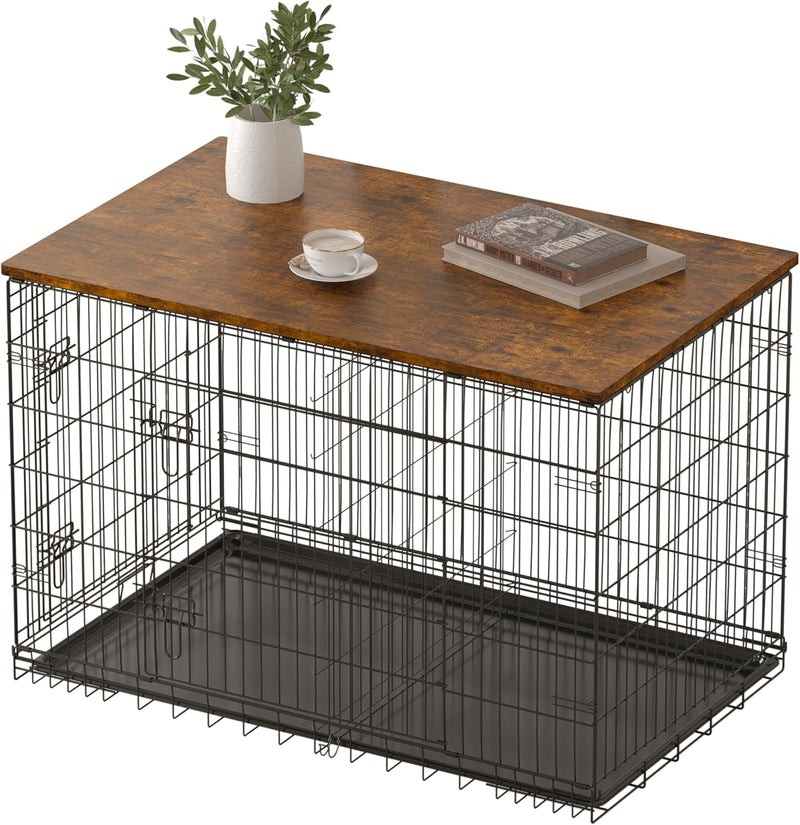 Piskyet Dog Crate Topper Wood Countertop(Rustic Brown, for 24 inch Crate)