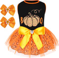 cyeollo Dog Halloween Dress, Pumpkin Print Tulle Outfit with Hair Bow, 2XL