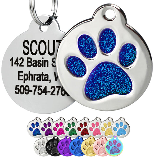 GoTags Paw Print Round Stainless Steel Pet Tag for Dogs and Cats, Personalized with 4 Lines of Custom Engraved ID Name and Number, in Stainless Steel and 15 Colors Small and Large, Glitter Blue
