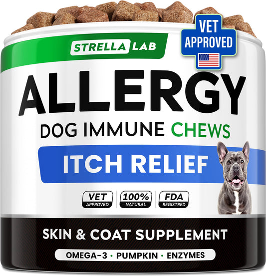 StrellaLab Dog Allergy Relief & Anti Itch Support Chews w/Omega 3: Real Ingredients, Real Taste! Skin & Coat Immune w/Fish Oil, Pumpkin & Enzymes — Developed by Experts - Made in USA - 60Ct