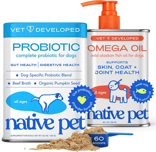 Native Pet Omega 3 Fish Oil for Dogs 8Oz & Probiotics for Dogs 8.2Oz Powder Food Topper - Fish Oil & Dog Probiotic Powde