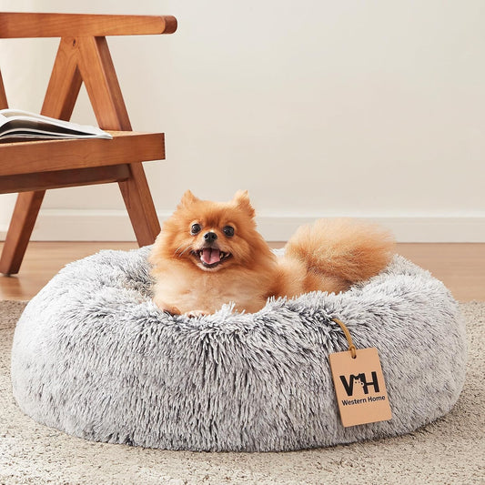 WESTERN HOME WH Calming Soft Round Dog & Cat Bed, Anti-Anxiety Donut Cuddler Warming Cozy Fluffy Faux Fur Plush Cushion Bed for Small Medium Dogs and Cats (20"/24"/27"/30"), Light Grey