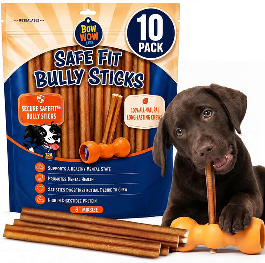 Bow Wow Labs SafeFit Bully Sticks for Dogs - 100% All Natural Beef Sticks, Grass-Fed, Low Odor, Long Lasting Dog Chews, Dog Chew Treats, Bully Stick for Small, Medium & Large Dogs - 6" Midsize 10 Pack